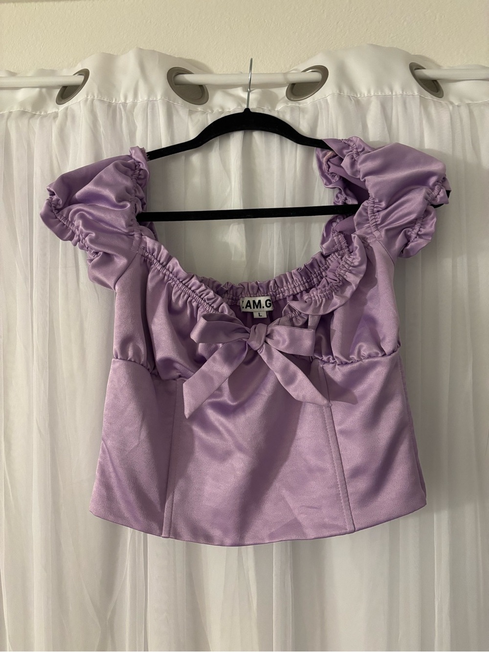 I.AM.GIA Lavender Puff-Sleeve Off-Shoulder Crop Top - Picture 6 of 8